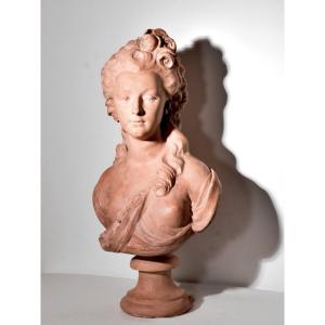 Large Plaster Bust With Terracotta Patina - After Jj Caffieri - Early 20th Century