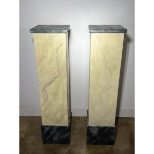 Pair Of Wooden Pedestal Columns Painted In Trompe-l'oeil Marble - 20th Century