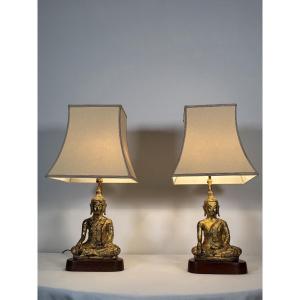 Pair Of Gilded Cast Iron Buddha Lamps - Southeast Asian Work - 20th Century