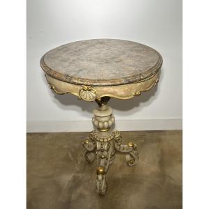 Round Painted Wooden Pedestal Table, Marble-style Painted Top, Late 19th Century