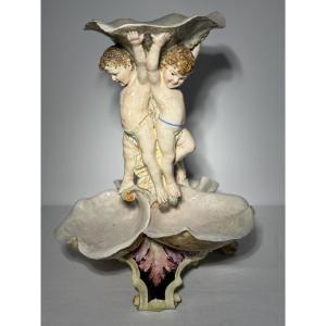 Large Majolica Centerpiece, Putti And Shells, Italy, Late 19th - Early 20th Century