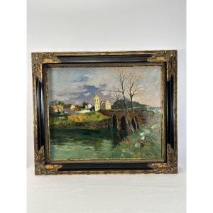 French School Of The 20th Century, Maurice Lemaitre (1929-2018) Oil On Canvas "the Bridge"