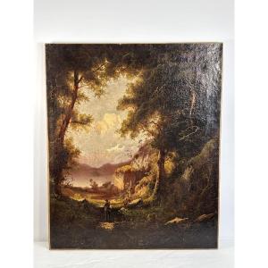 Probably German School, Oil On Canvas, Romantic Landscape With Traveler, Circa 1890-1910