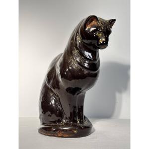 Sitting Cat In Glazed Ceramic - France, 20th Century
