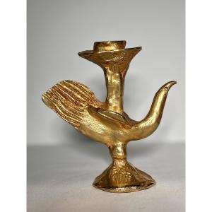 Gilded Bronze Candlestick With Bird Motif - Pierre Casenove - 20th Century