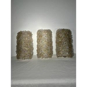 Trio Of Murano Glass And Gold Leaf Flower Sconces By Barovier & Toso, Italy 1970