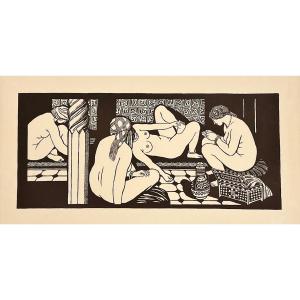 Le Hammam, Woodcut By Jules Migonney