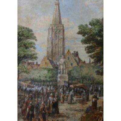 English Painter, Market Day In Bruges, XIXth