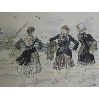 Scene Of Fishing On Foot, 19th Century, By Maurice Bonvoisin