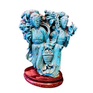 Group Made In Turquoise Matrix, China, Year 1930.