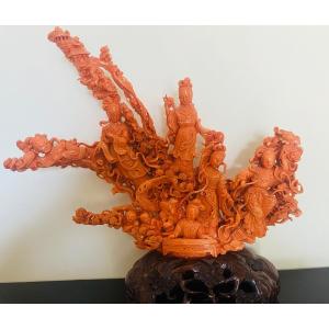 Exceptional And Rare Orange-red Coral Weight 6.130 Kg Representing 6 Goddesses And 2 Children
