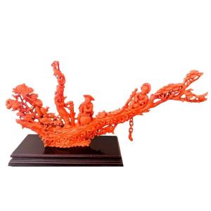 Group In Red Coral, China, 19th Century Antique.