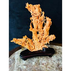 Group In Orange Coral Chinese Goddesses Of Spring Among Flowers And Birds Of Paradise 
