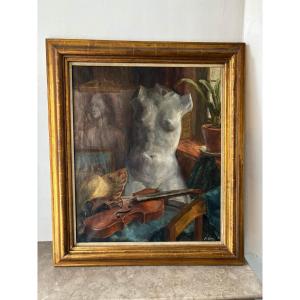 Artist's Studio With Violin, Signed Lowe, 1945