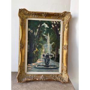 Fountain Landscape In A Park Signed