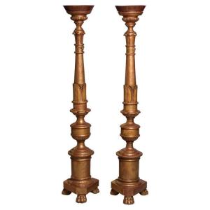 Pair Of Large Gilded Wood Candle Holders, Italy Late Nineteenth Century
