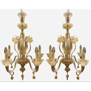 Pair Of Glass Chandeliers Murano, Italy, Circa 1970