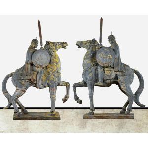 Two Ottoman Horsemen, Large Cast Iron Garden Statues Pendant, France, Circa 1950