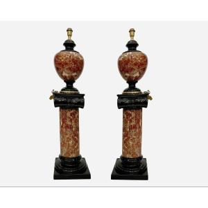 Pair Of Ceramic Lamps On Columns, Attributed To Tommaso Barbi, Italy, Circa 1980