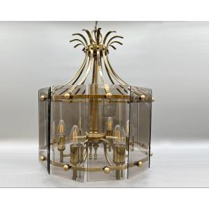 Brass Lantern With Beveled Glass, In The Style Of Gilbert Poillerat, France, Circa 1970