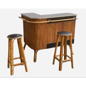 Bar And Two Bamboo Stools France, Circa 1960