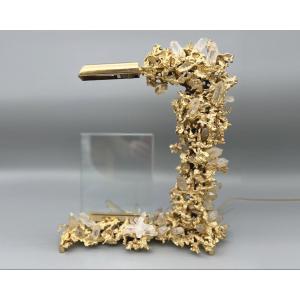 Desk Lamp With Photo Holder In Gilt Bronze, Claude Victor Boeltz, Paris, France Circa 1980
