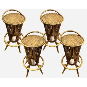 Four Bamboo And Rattan Bar Stools, Italy, Circa 1960