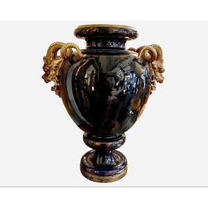 Large Vase On Pedestal, Faun Heads, Sarreguemines, France, Second Half Of The 19th Century 