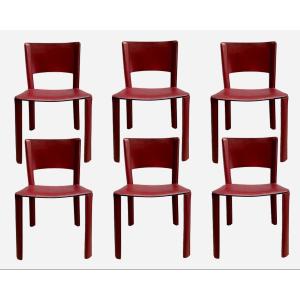 Set Of Six Chairs In Red Leather, Cidue, Italy, Circa 1970