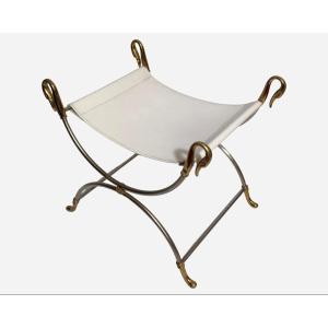 Curule Stool “swans” In Brushed Steel And Gilt Bronze, Maison Charles, France, Circa 1970