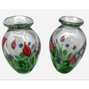 Pair Of Small Murano Glass Vases With Murine Inclusions, Italy, Circa 1980 