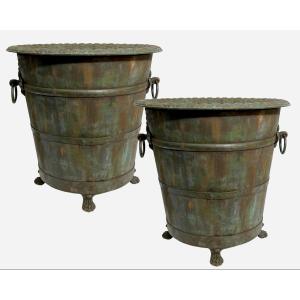 Pair Of Orange Tree Planters In Oak, Iron And Cast Iron, France, Circa 2020