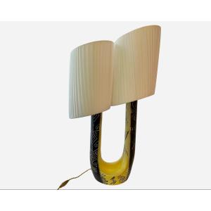 Ceramic Lamp With Double Draped Shade By F. Ré, H. Ugo, Vallauris, Circa 1955
