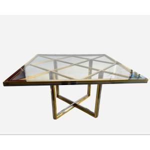 Square Table In Polished Brass And Chromed Steel, Romeo Rega, Italy, Circa 1970