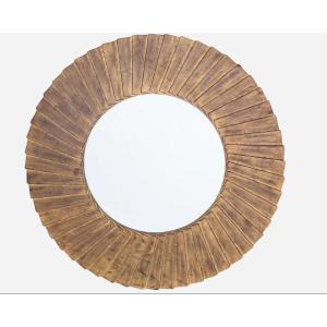 Round Mirror With Wooden Frame And Pleated Decoration, éd. Christopher Guy, Indonesia Circa 2018