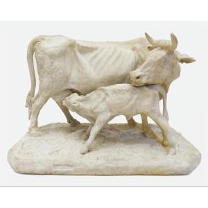 Cow And Her Calf, Plaster Cast, By Pierre-jules Mêne, France, Circa 1850