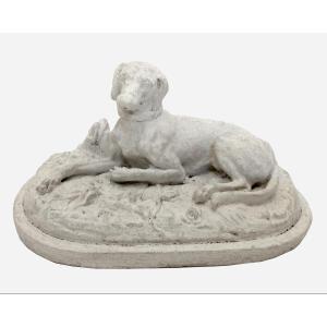 Reclining Dog, Plaster Statuette, France, Circa 1880