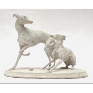 "two Greyhounds Playing With A Ball", Plaster Cast By Pierre-jules Mêne, France, Circa 1860