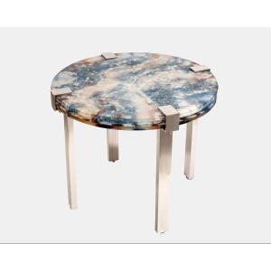 Pedestal Table In Resin With Inclusions And Nickel-plated And Brushed Brass, Paris, France, Circa 2000