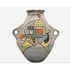 Large Glazed Ceramic Vase With Handles, By Marius Bessone, Vallauris, France, 1956