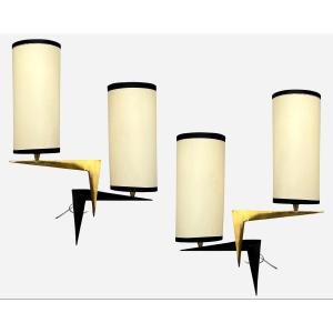 Pair Of Double-light Wall Sconces, Editions Maison Arlus, Paris, France, Circa 1950