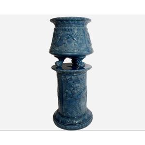 Planter With Column In Blue Glazed Earthenware, Saint Amand, France, Circa 1880/1900