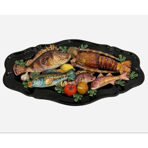 Large Dish Decorated With Sea Animals, Poterie De Vallauris, France, Circa 1960