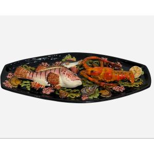 Majolica Dish Decorated With Marine Animals, éditions Poterie De Vallauris, France, Circa 1960