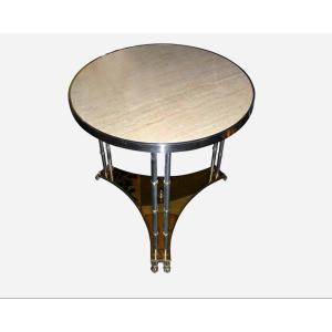 Tall Side Table In Travertine, Brushed Stainless Steel And Brass, Editions Maison Jansen, France, Circa 1980