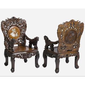 Pair Of Armchairs In Carved Wood Inlaid With Mother Of Pearl, Indochina Circa 1880/1900