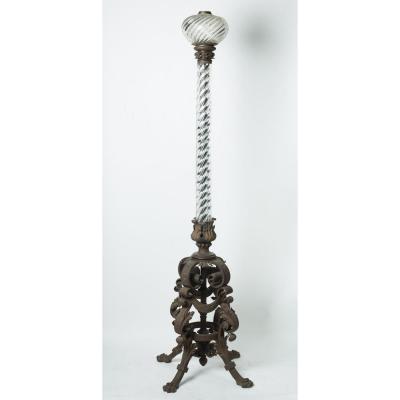 Large Floor Lamp, Working On Oil, Crystal And Wrought Iron. England 19th Century.