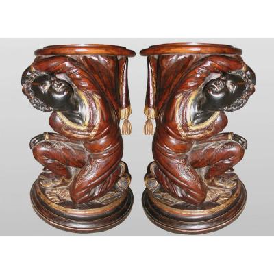 Pair Of Nubian Plant Holders Or Stools XIXth Century In Carved Wood