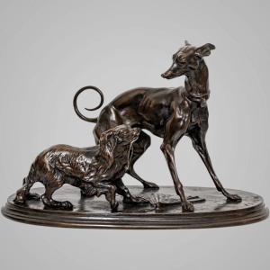 Sculpture - Group Greyhound And King - Charles , Pierre - Jules Mene (1810-1879) - Bronze