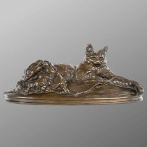 Sculpture - Cat And Her Cubs , Emmanuel Fremiet (1824-1910) ,  Bronze